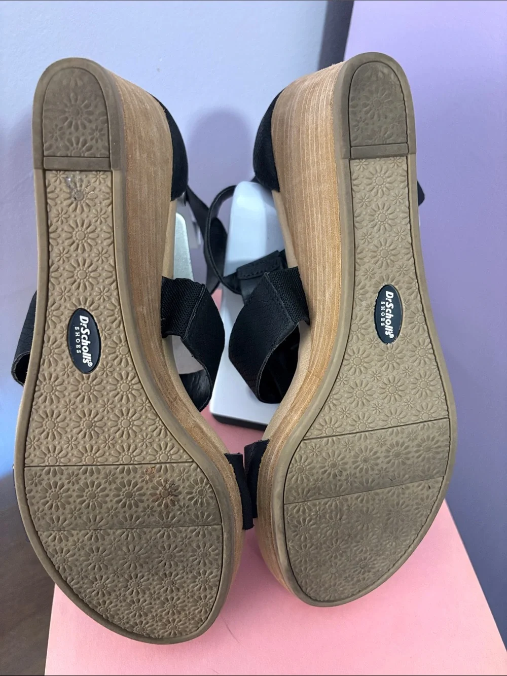 Dr. Scholl's Black Strappy Wedge Sandals with Wood-Tone Heel